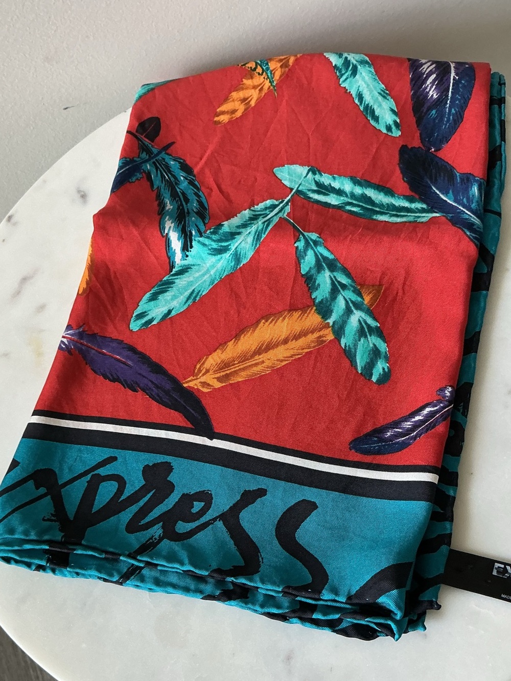 Express Teal and Red 100% Silk Scarf Feather Print Square One Size